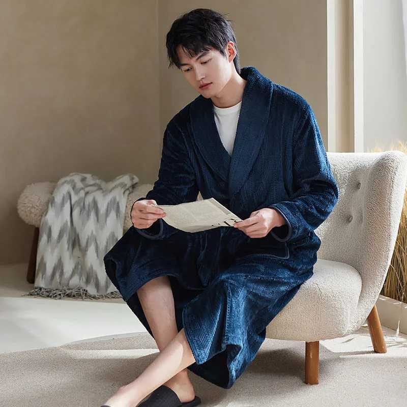 Winter Flannel Men Home Sleepwear Robes Thicken Terry Robe Male Long Sleeve Kimono Warm Bathrobes Home Wear Peignoir Men Robe C251202