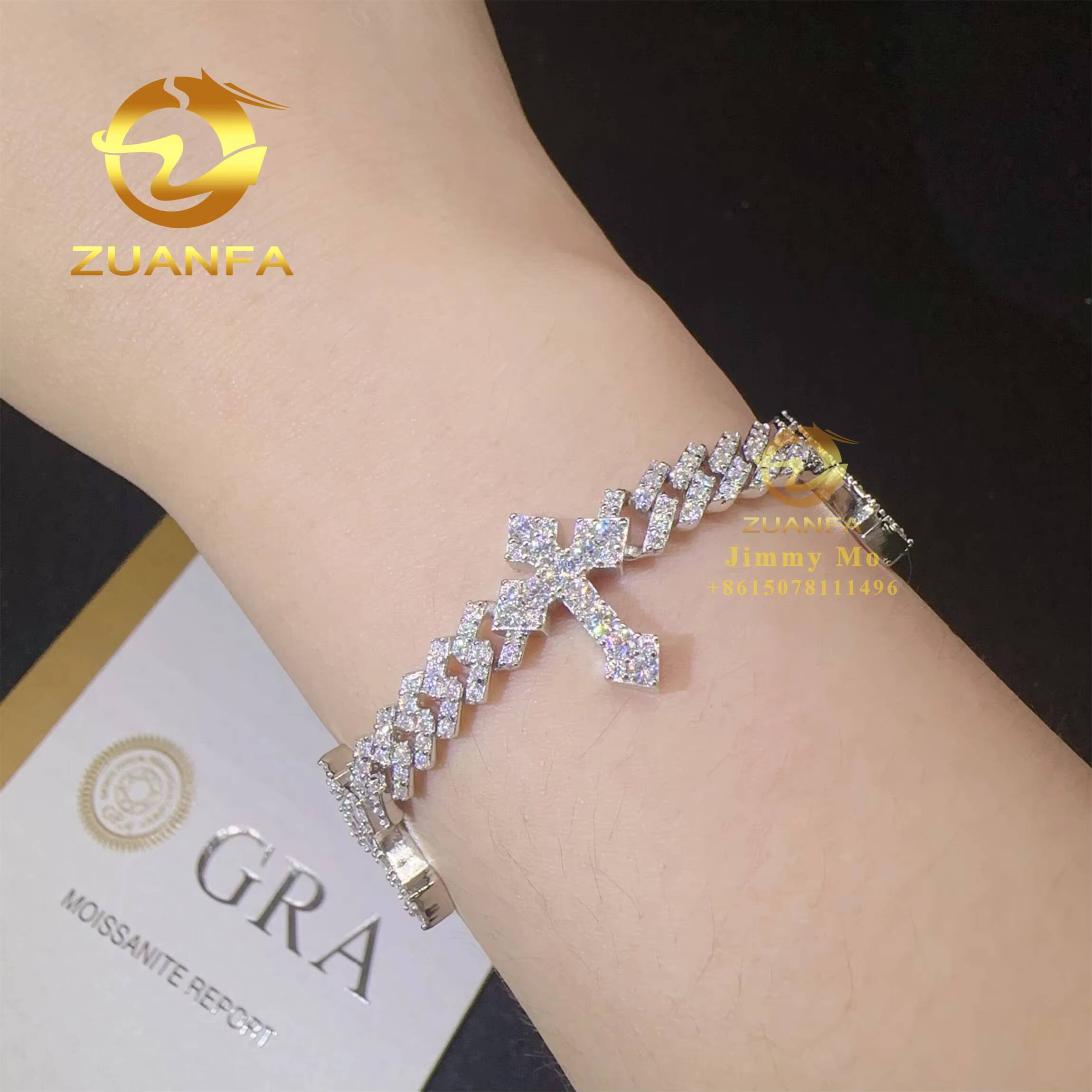 Bulk Stock Rapper Jewelry Iced Out Cross Design Moissanite Cuban Chain 6mm Hip Hop Bracelet 925 Silver Cuban Link Bracelet