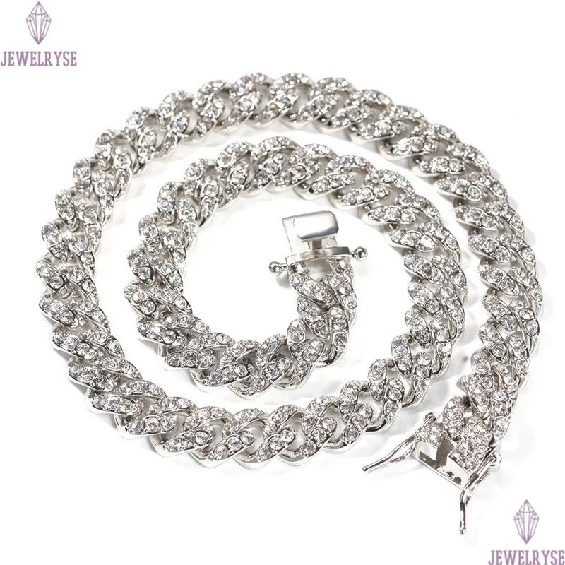12mm hip hop jewelry cuban link chain mens gold necklace designer chain for man Diamond Iced Out Alloy Chains Austrian Rhinestone Long Silver Necklace