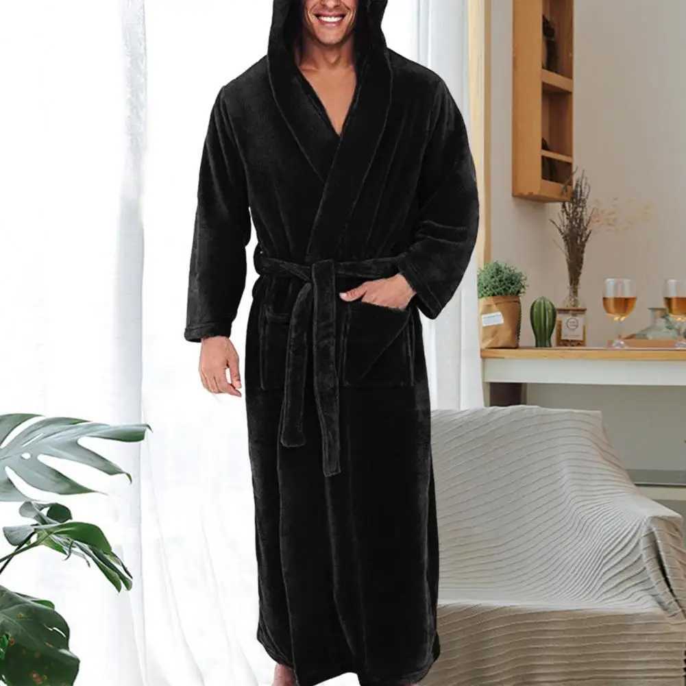 5XL Flannel Men Bathrobe Long Sleeve Plush Bath Robe Shawl Hooded Winter Warm Home Lounge Nightgown Home Clothes Gown Sleepwear C251202