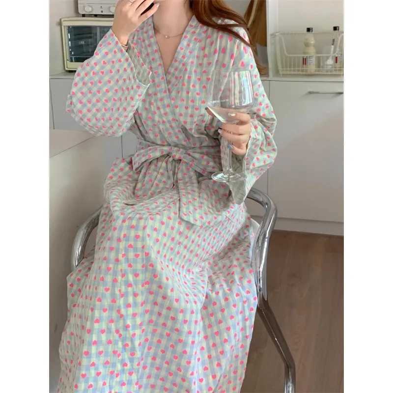 bathrobe womens bathing love plaid loose long sleeve long kimono V-neck lace up trousers nightgown sexy robe womens girl C251202