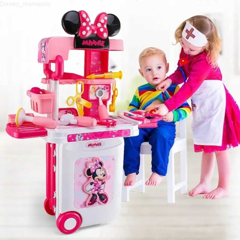 Disney Kids Play Home Kitchen Toys Minnie Mouse Trolley Box Cooking Rice Simulation Kitchenware Tableware Girl Birthday Gift H251202