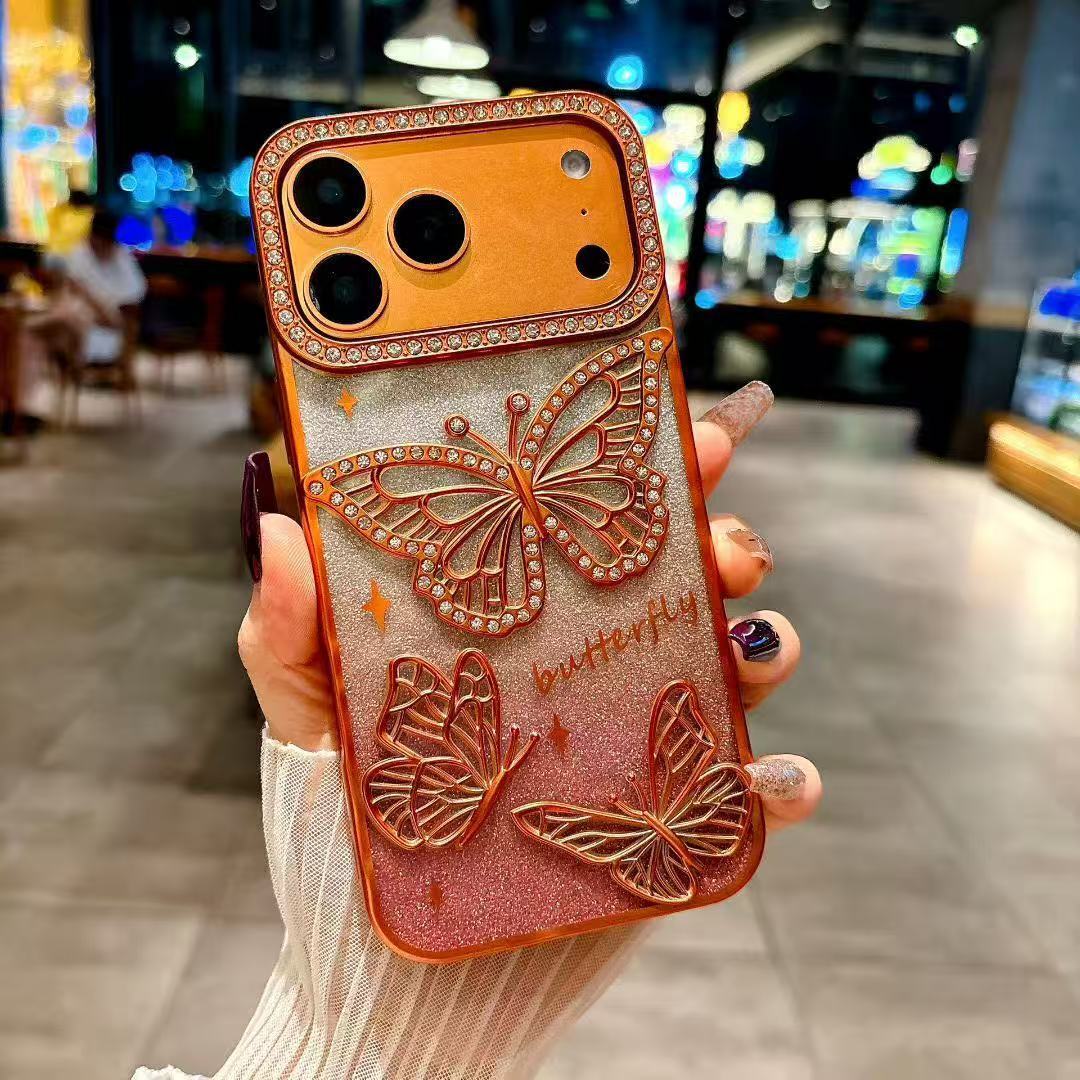 3D Butterfly Rhinestone Phone Case iPhone 17 Pro Max Compatible with Apple 16 Electroplated Gradient Glitter Paper Case