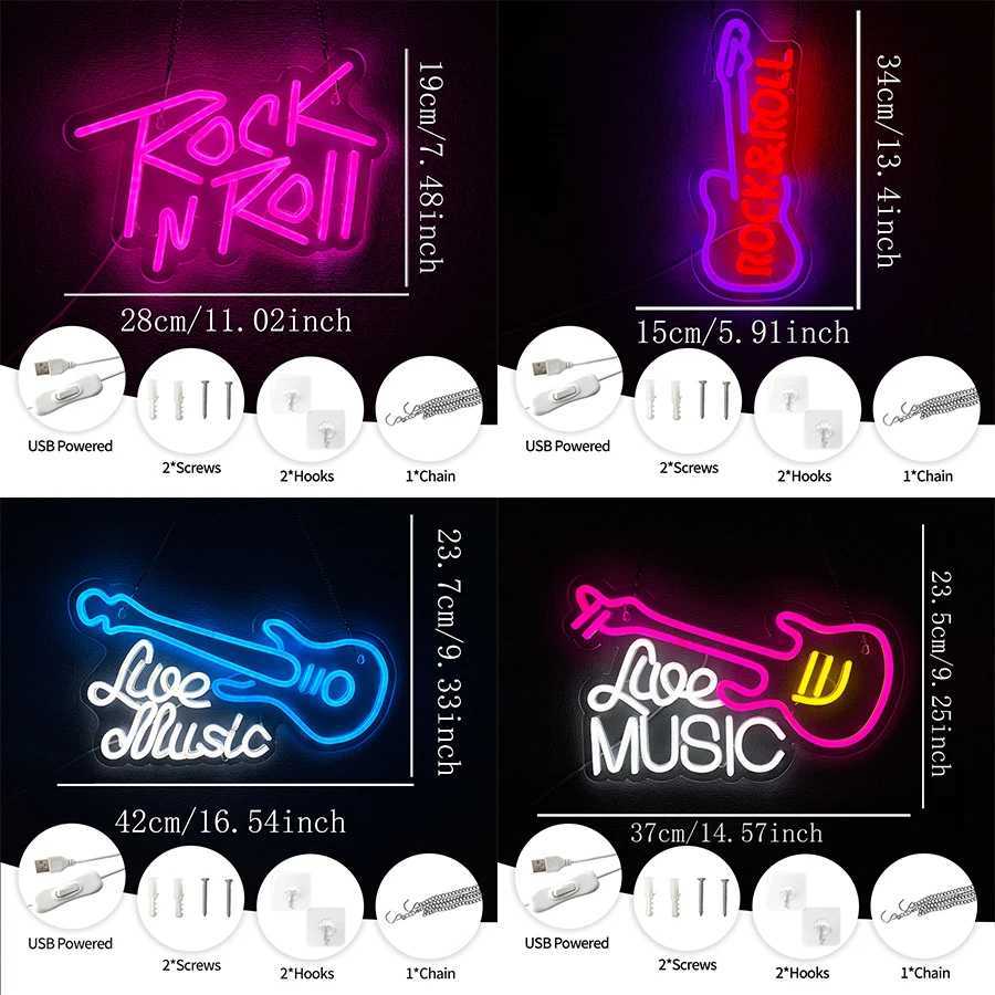 Rock N Rolled Neon Sign Music Guitar Icon Used For Bedroom Music Studio Recording Studio Bar Concert Man Cave Decor H251201