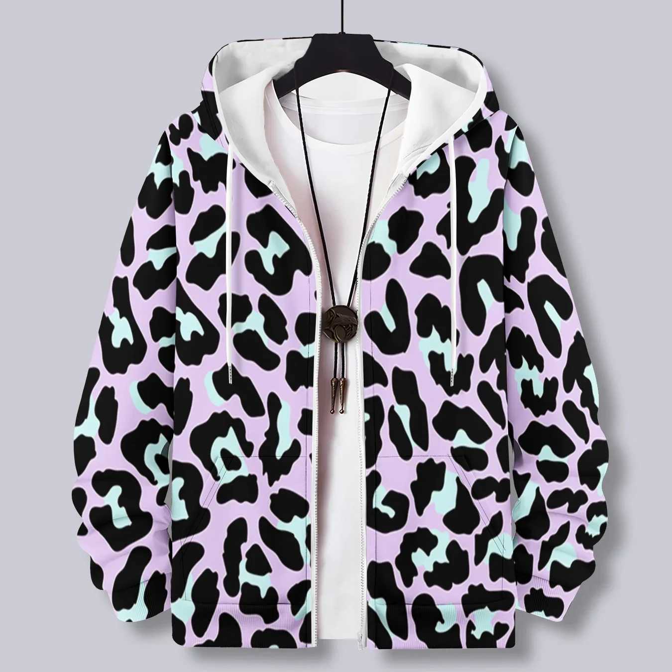 Men Zipper Hoodie Leopard Pattern Printed Fashion Hoodie Casual Male Hooded Sweatshirt Women Pullover Zipper Coat J251203