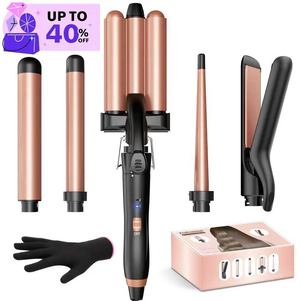 BESTOPE PRO 5 in 1 Wand Curling Iron-Curling Wand Set with Hair Straightener 3 Barrels Hair Crimper Iron 3 Ceramic Curling Iro C251202