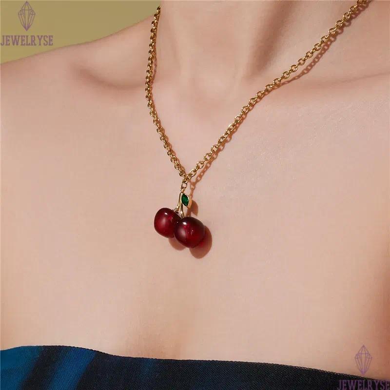 cute cherry necklace designer for woman 18k gold chain stainless steel fruit pendant necklaces school daily outfit women fashion jewelry friend family