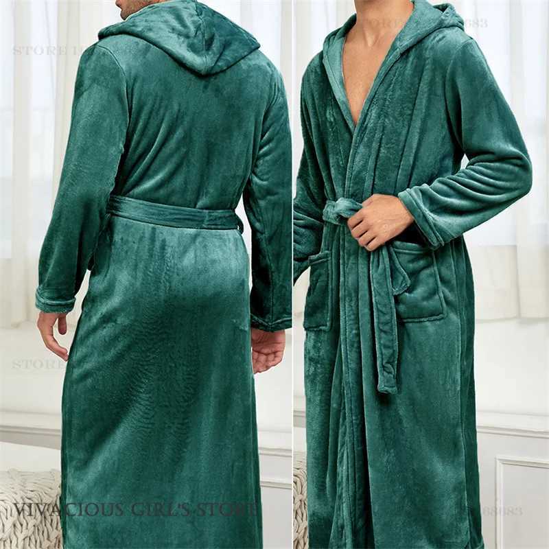 Flanne Mens Long Robe Hooded Kimono Bathrobe Gown Homewear Autumn Winter Thicken Warm Sleepwear Negligee Loose Casual Nightwear C251202
