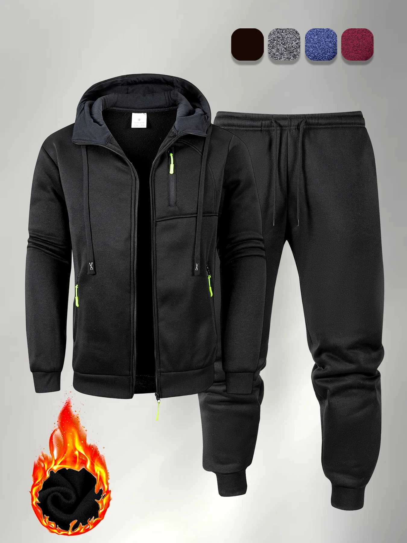Autumn Mens Sportswear Solid Color Solid Color Zipper Hooded Pocket Jacket and Drawstring Trousers New Sports Clothing Set W251202