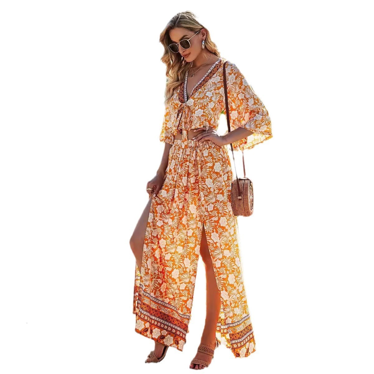 Urban Sexy Dresses TEELYNN Vintage Women Two Piece Dress Women Puff Sleeve Crop Top Maxi Skirts 2 Pieces Sets Cotton Boho Beach Summer Vestidos 230719