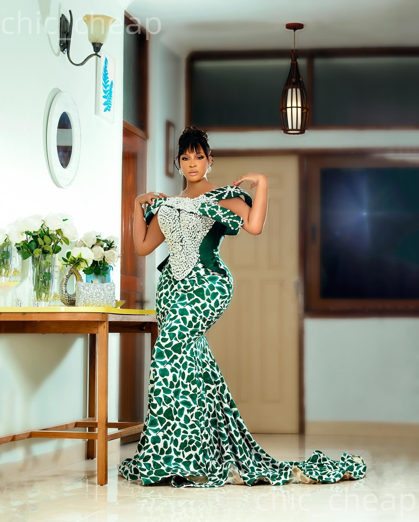 Aso Ebi Green Mermaid Prom Dresses 2026 Crystals Printed Evening Formal Party Second Birthday Engagement Gowns Plus Size Dress For Special Occasions