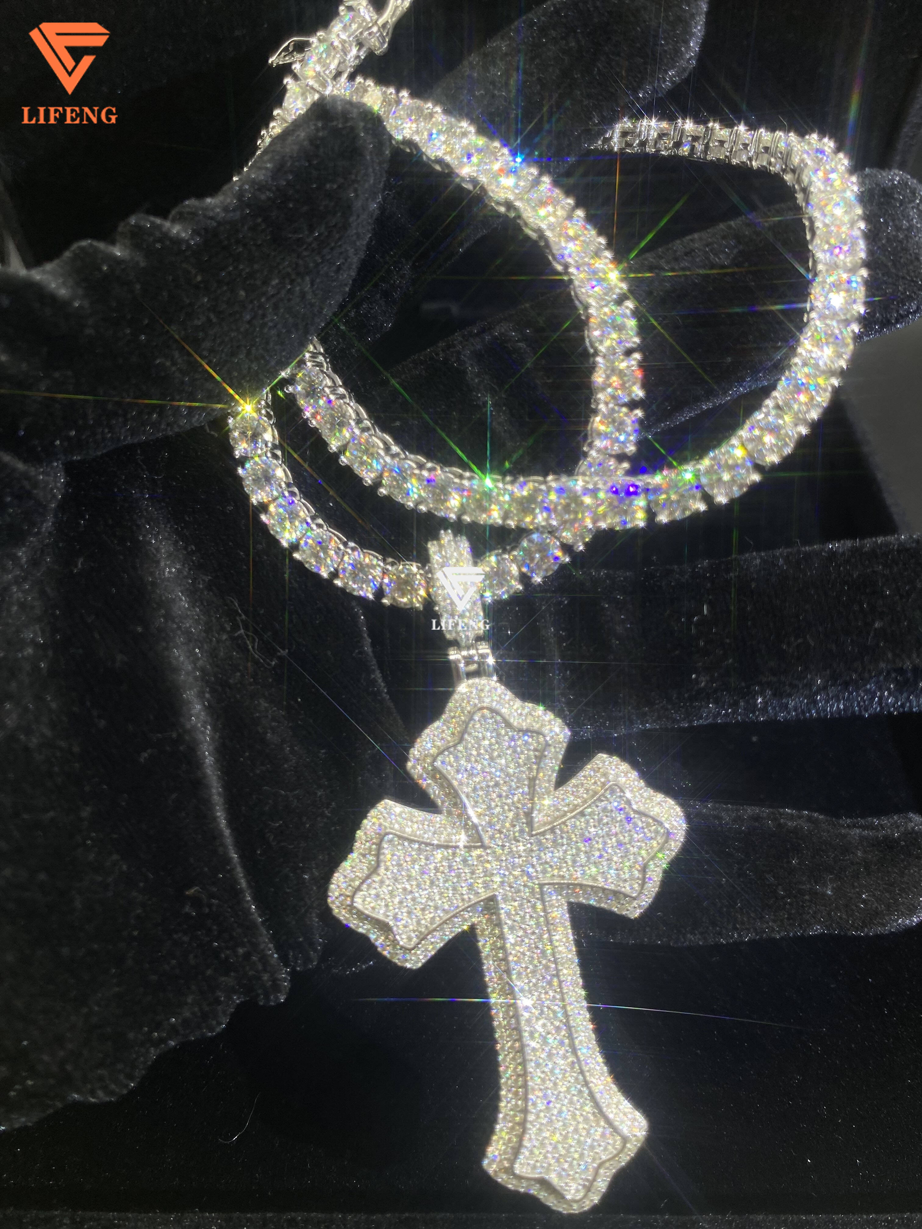 Mens 6/8mm 925 Sterling Silver Tennis Cross Necklace VVS Moissanite White Gold Pendants Fine Jewelry Christian Hip Hop Style