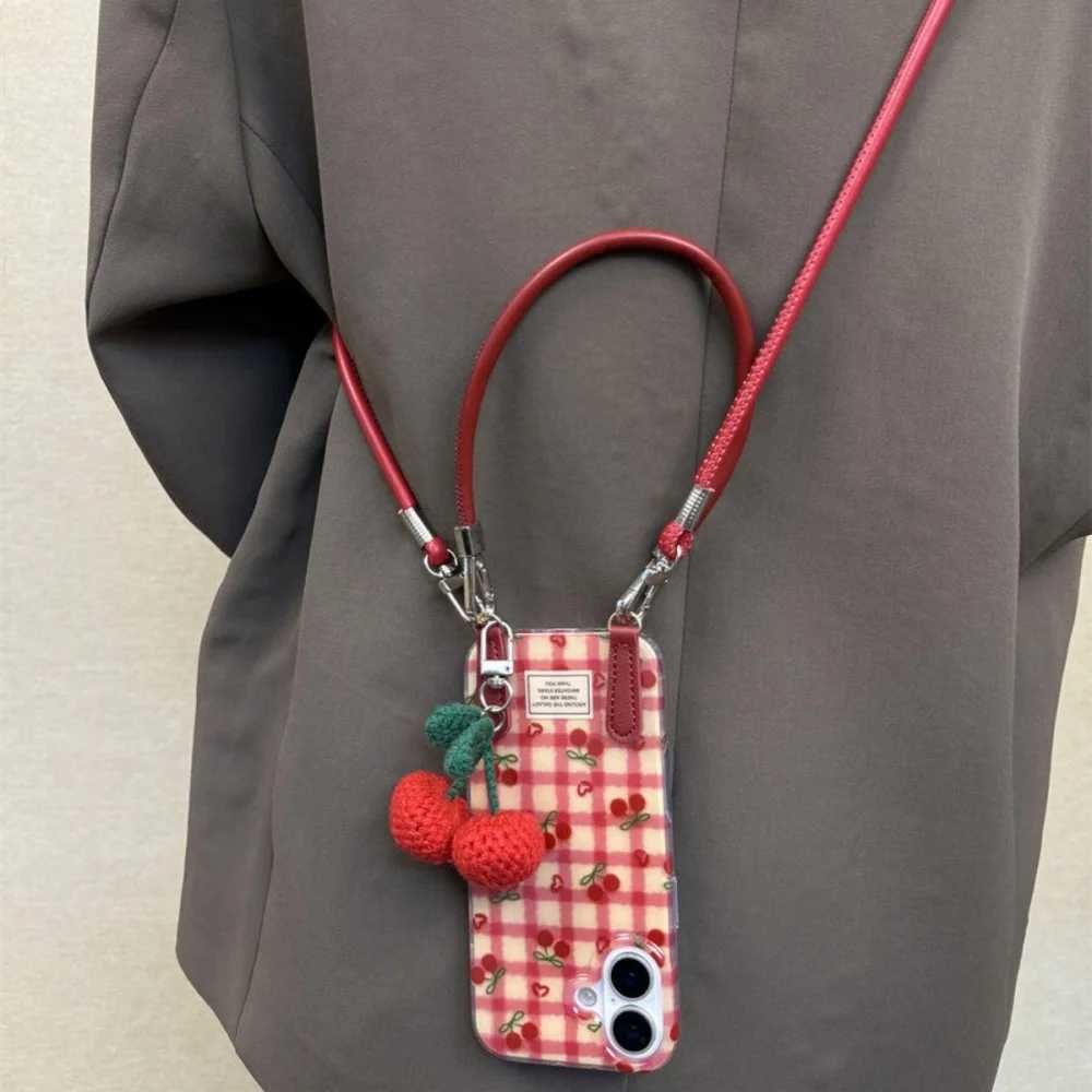 Stylish Cute Cherry Pendant Grid Pattern Case For iPhone 17 Pro Max 16 Pro Max 15 14 Pro 13 12 11 Plus Crossbody Lanyard Cover J251202