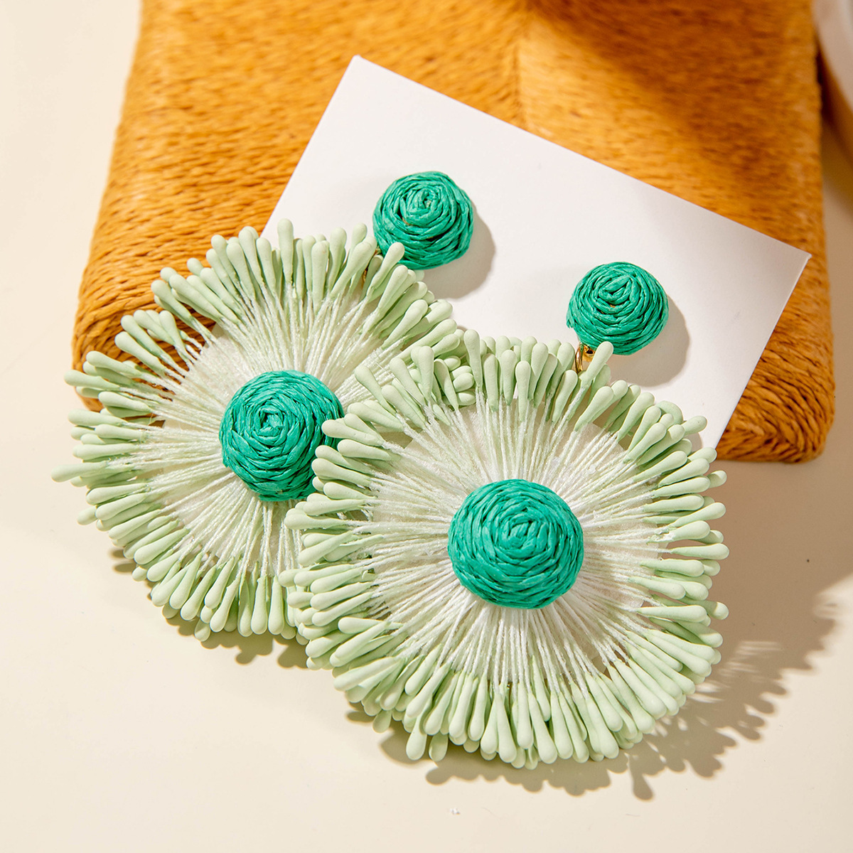 European designer And American luxury Cross-Border Handwoven Raffia Vacation Fashion free shipping Color Block Beach Style Flower Drop Earrings