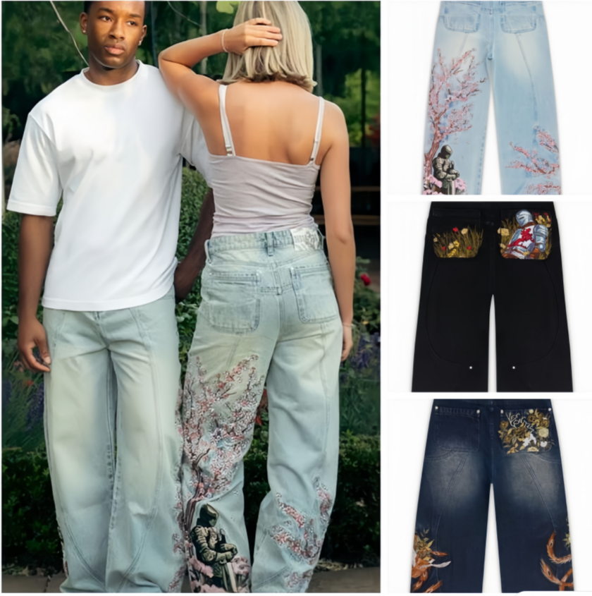 Vescartes Men's Jeans Colorful Wildflower Embroidery Fallen Knight Themed Design Wide Leg High Waisted Y2K Fashion Men Women Comfort Trend Streetwear