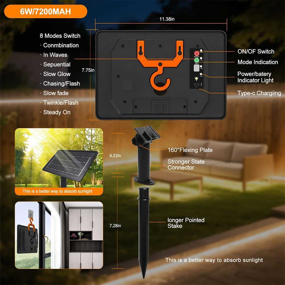 24V Solar Neon Light Strip Waterproof 8 Modes 120LEDs/m Flexible Lamp IP68 High Density Party Garden Outdoor Lighting Warm White H251201