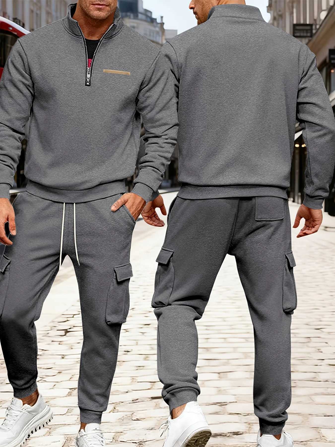 2-piece Autumn and Winter Mousse Fleece Warm Mens Suit Semi-zipper Sweatshirt Multi-pocket Jogging Pants Set W251202