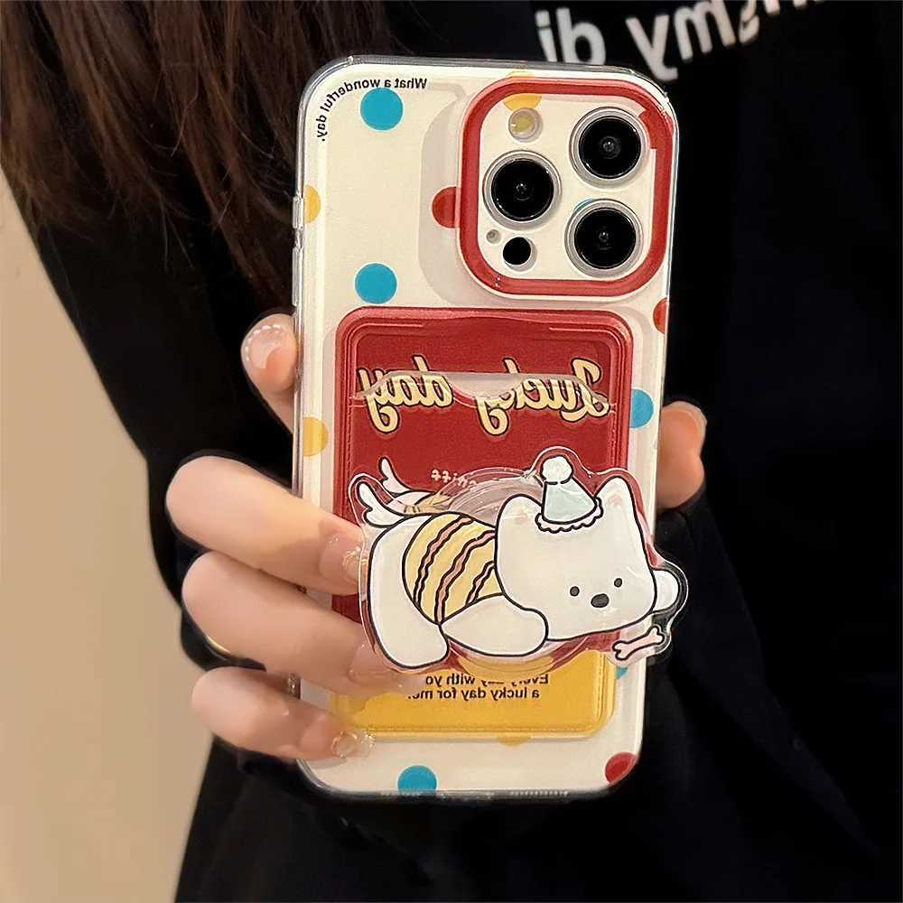 Polka Card Holder Phone Case with Puppy Stand and Lanyard for iPhone 15 PRO MAX 14 13 12 11 XS X XR SE 8 7 PLUS Phone Cover J251202