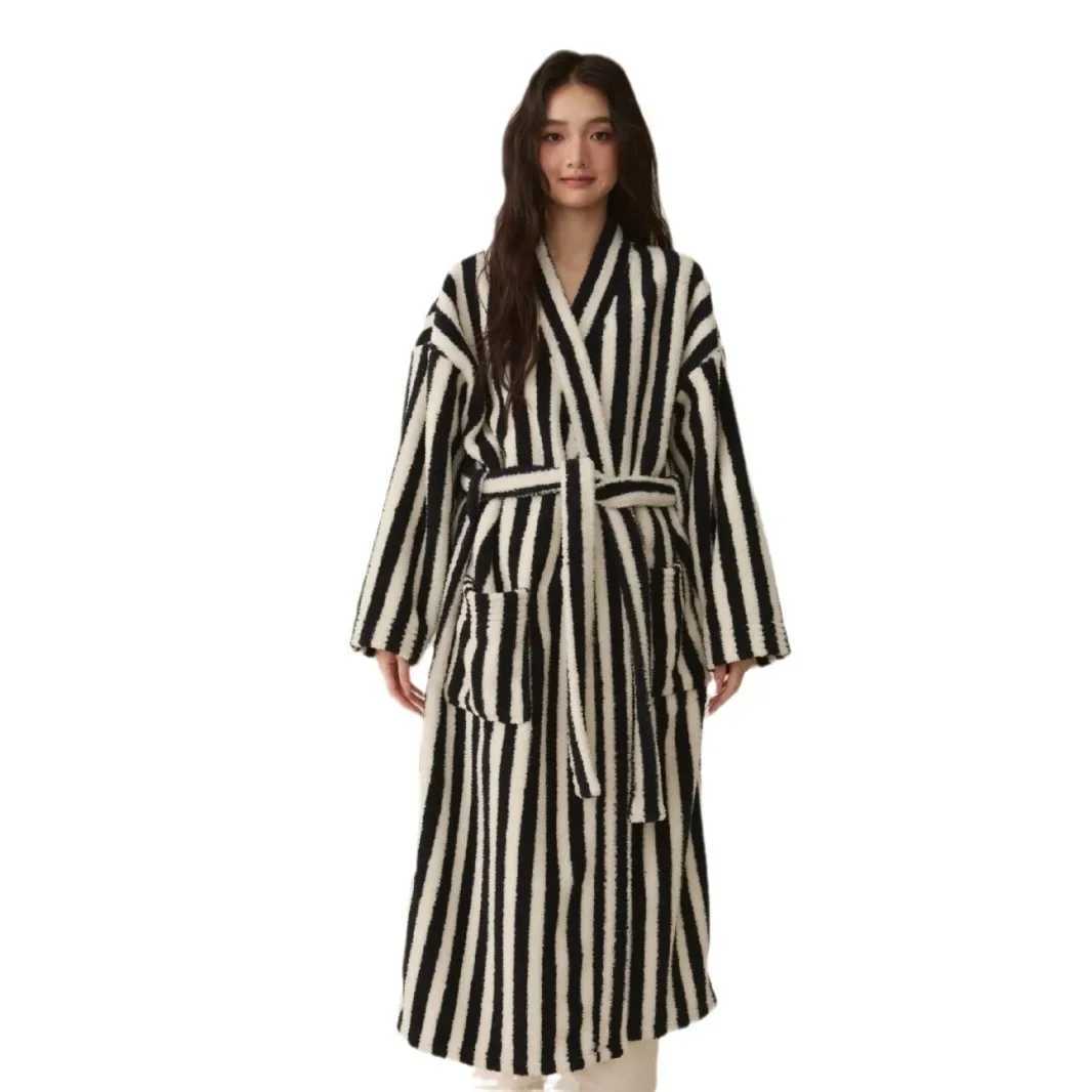 Thickened Flannel Robe Pants Pajamas Set Autumn Winter New Couple Coral Velvet Women Men Bathrobe Striped Lengthed Home Clothes C251202