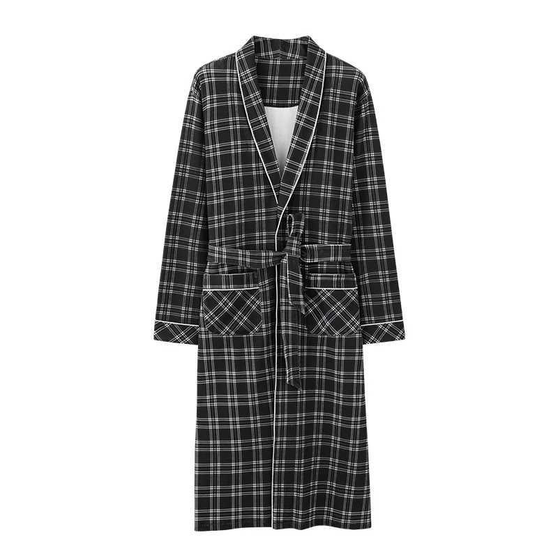 Spring Autumn Plaid Bathrobe Men Sleep Top Kimono Robes For Male Soft Cotton Long Bath Robe Bride Robe Dressing Gown M-4XL C251202