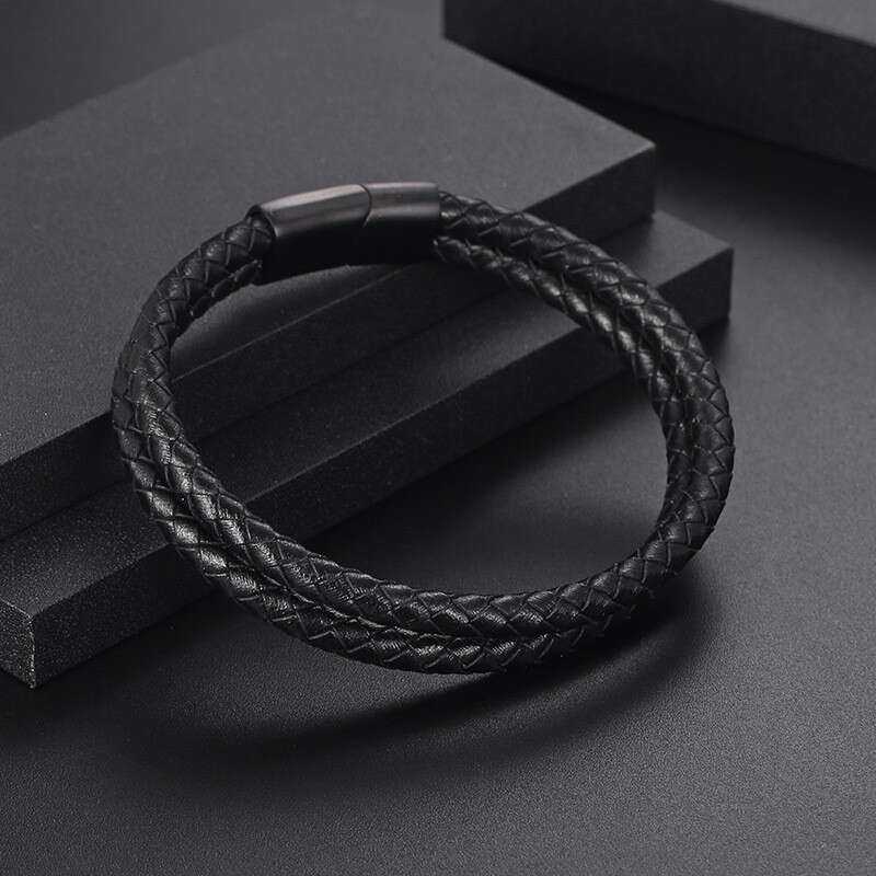 Cross-Border European and American Hot-Selling Retro Double-Layer Black Braided Leather Rope Men's Trendy Exquisite Bracelet Jewelry