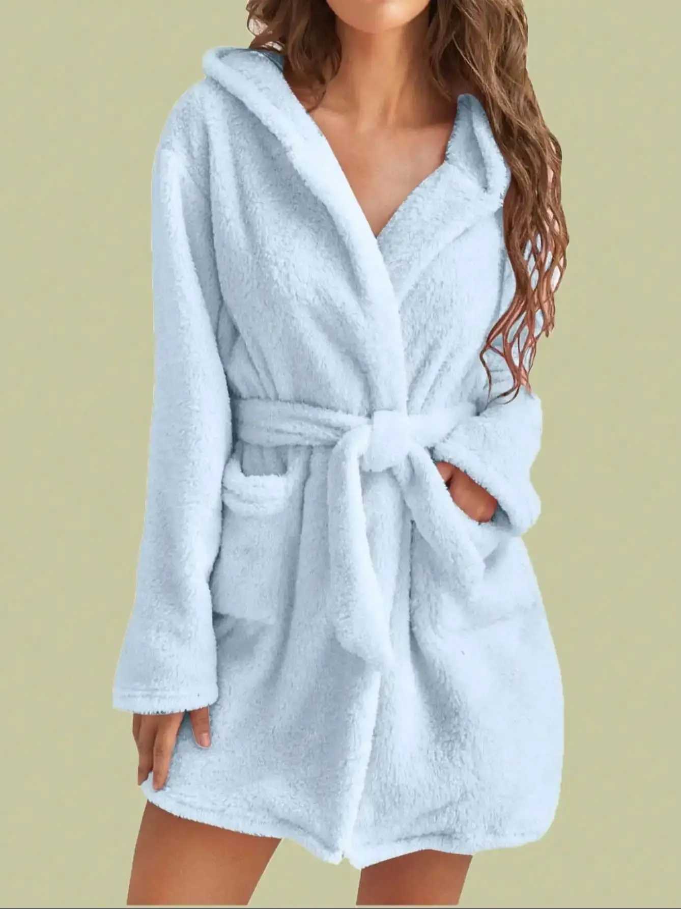 1 piece of womens solid color hooded robe with belt cozy and warm fleece pajamas for home wear in autumn and winter C251202