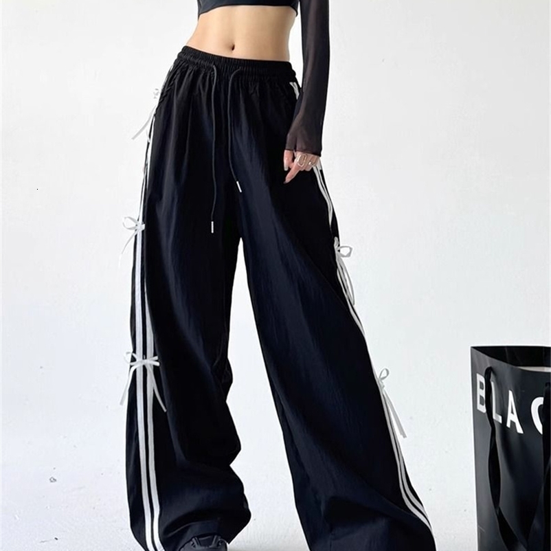 Retro Side Stripe Bowknot Wide Leg Pants Women High Waist Casual Sports Trousers Harajuku Cargo Hip Hop Joggers Z260314