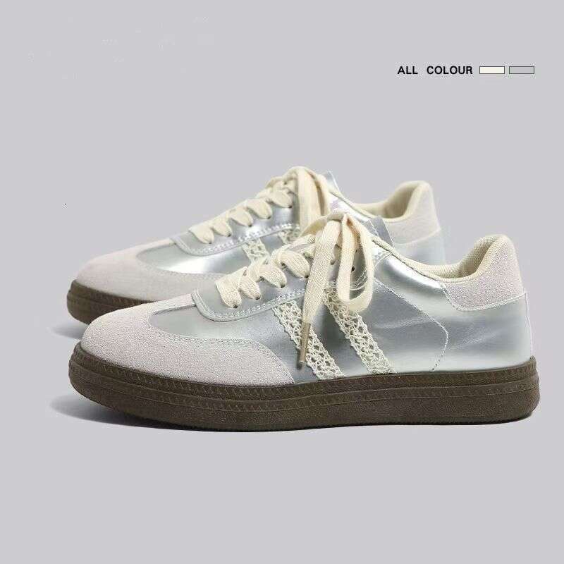 Vintage Silver German Training Shoes for Women 2025 Autumn Skirt Matching Lace Edge Thick Sole Height Increasing Casual Waffle Agan Sneakers