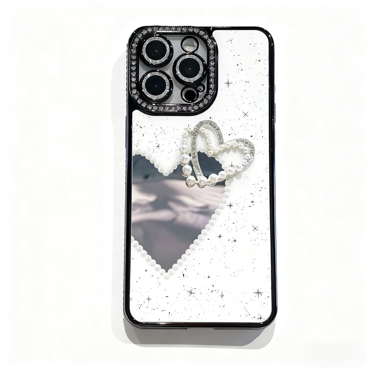 Pearl Heart Makeup Mirror Phone Case iPhone 16 Pro Max Compatible With Apple 15/14/13 Pro Electroplated Sparkling Diamond Case