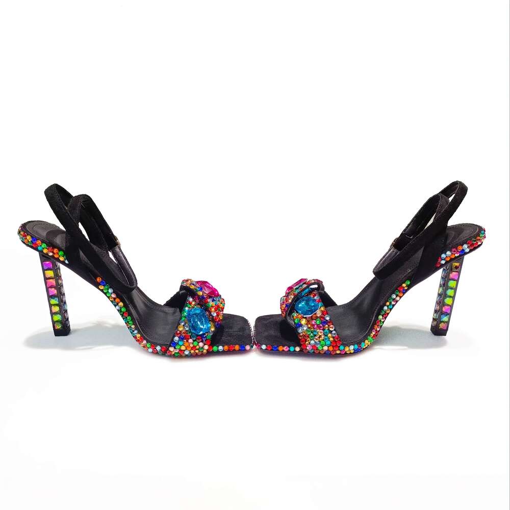 Women 2025 Sparkling Rhinestone Sandals Ultra High Stiletto Heels With Ankle Strap, Square Toe Multi Color Shimmering Design All Season Party, Shoppin