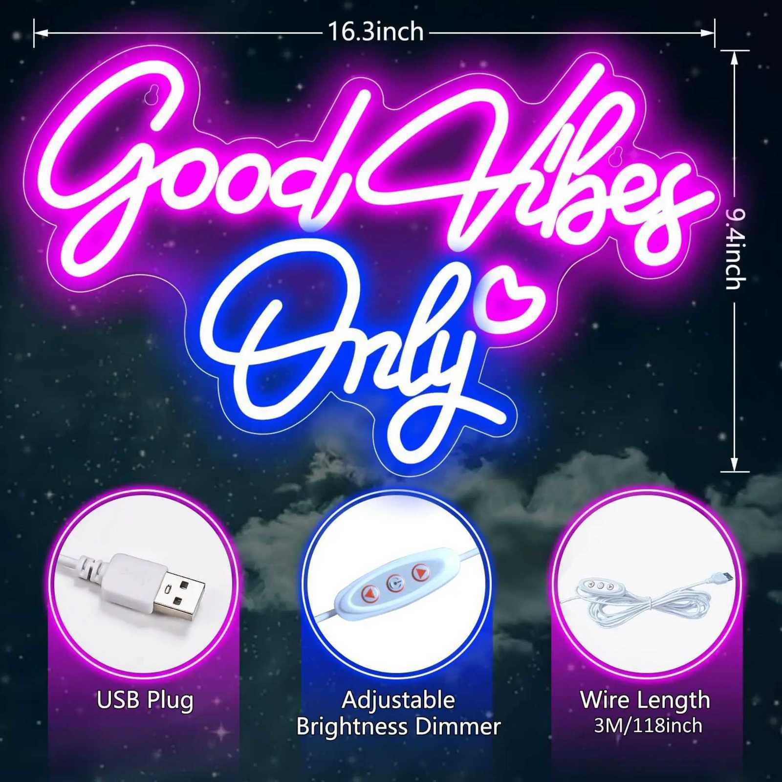 Good Vibes Only Neon Sign for Wall Decor LED Light for Bedroom Powered by USB with Dimmable Switch Neon Light Sign for Bedroom H251201