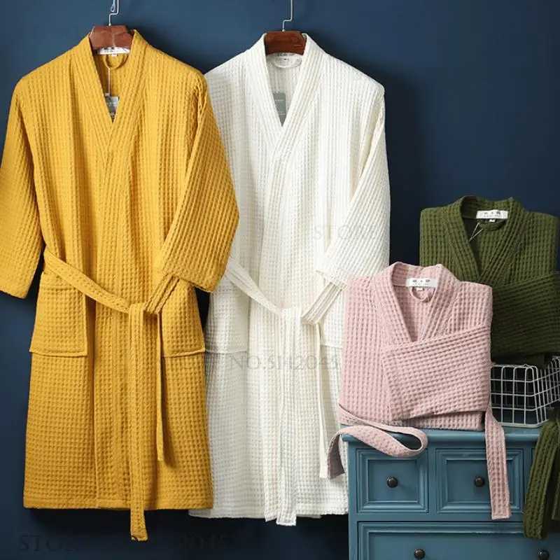 Adult Cotton Waffle Kimono Bathrobe Gown Yukata Couple Robe Negligee with Pocket Loose Casual Home Dress Loungewear Sleepwear C251202