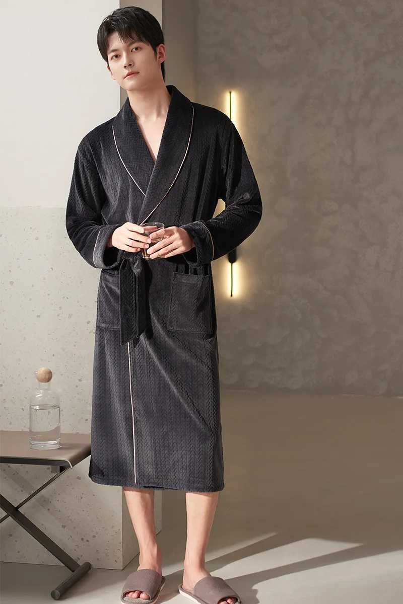 Men Sleepwear Long Robes Winter Island Velvet Thick Terry Robe Male Long Sleeve Kimono Warm Bathrobe Home Wear Peignoir Men Robe C251202