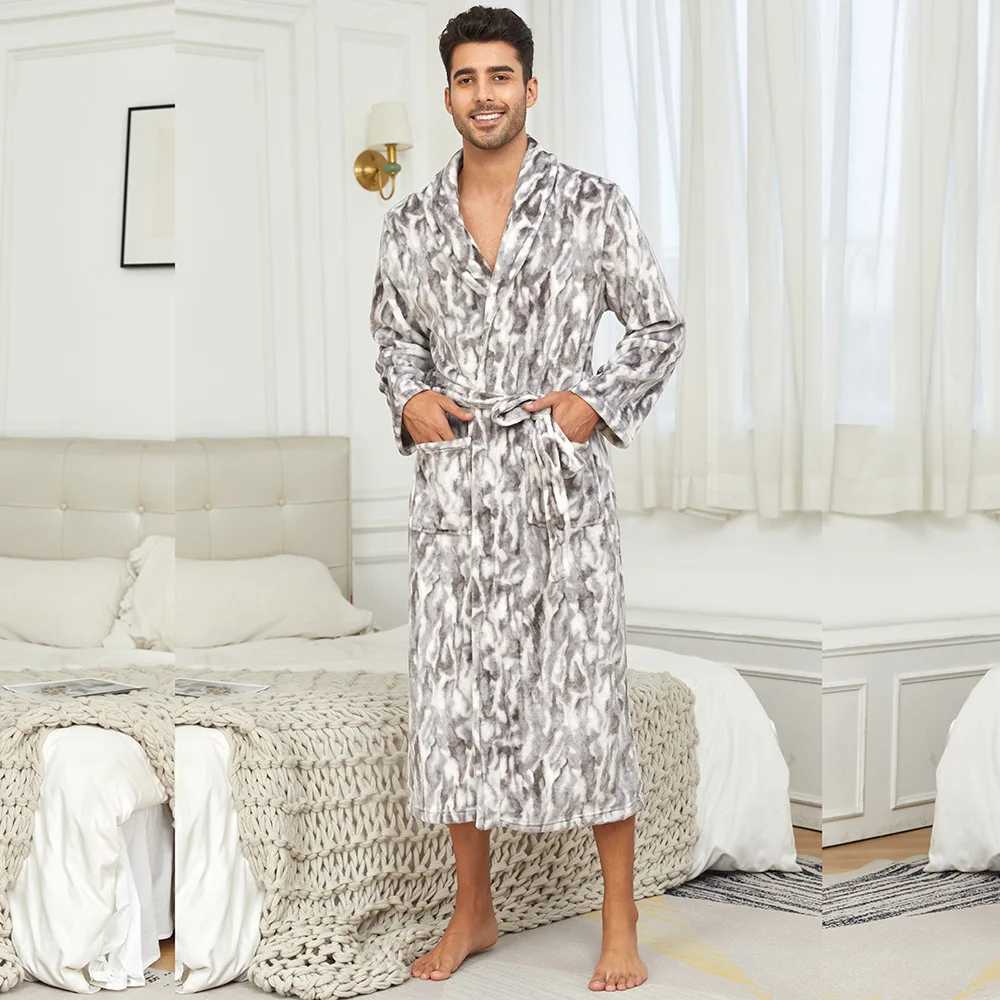 Printed Bathrobe Kimono Gown Long Flannel Home Wear Mens Flip Collar Robe Winter Coral Fleece Nightgown Sexy Lingerie Sleepwear C251202