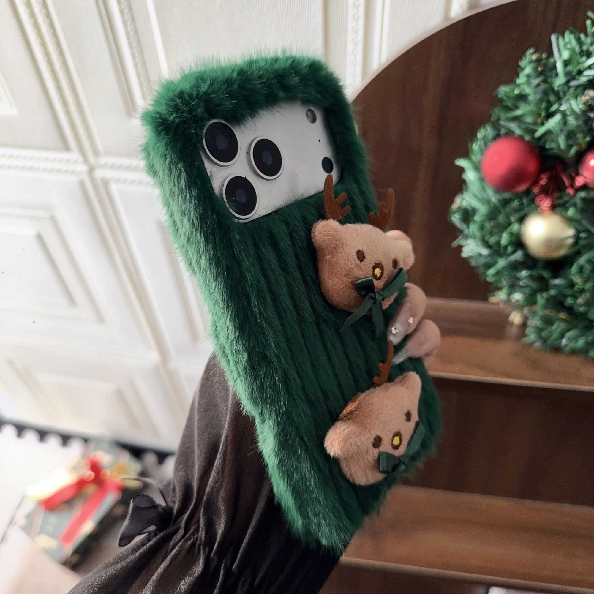 Christmas Fluffy Soft Fur Warm Phone Case for iPhone Air 11 12 13 14 15 16 17 Pro Max 3D Cute Furry Elk Deer Cover Xmas Gifts J251202