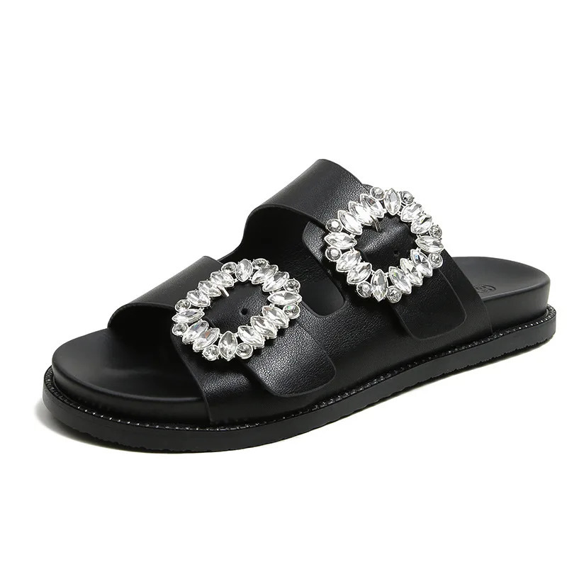 Women Rhinestone Slippers Crystal Buckle Shoes Ladies Flats Sandals Double Strap Flipflops Platform Slides Beach Sandalias Mujer 251201