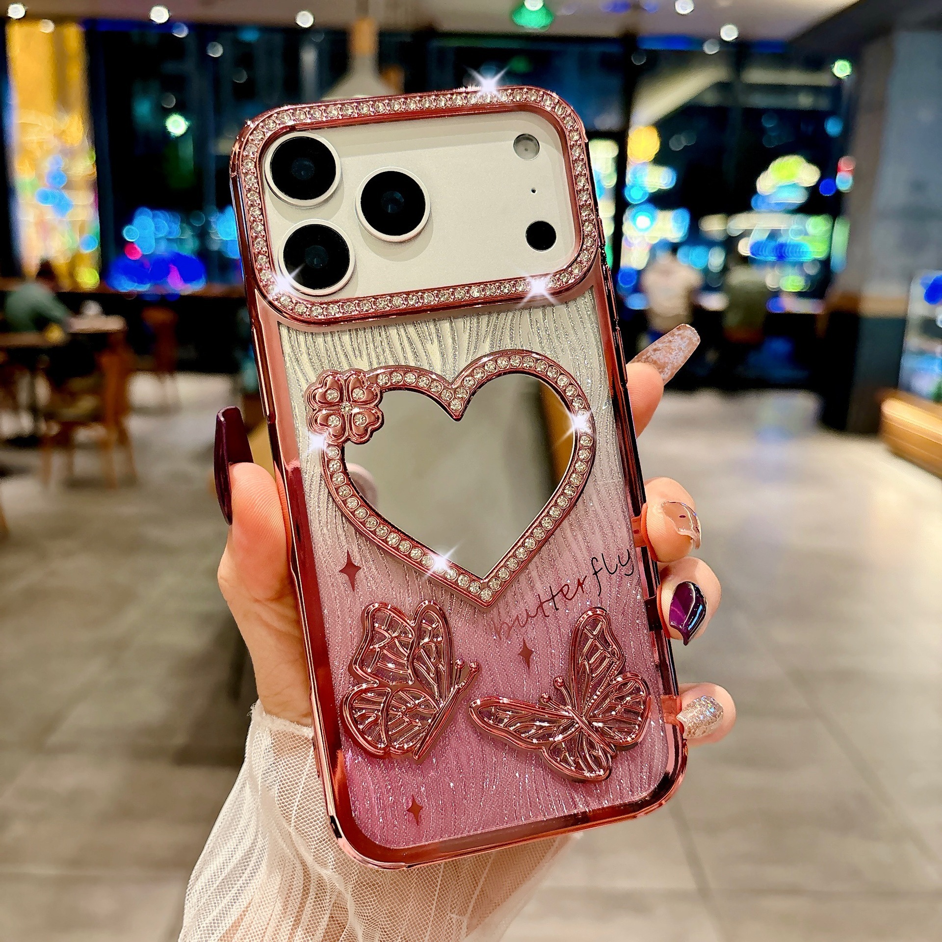 Electroplated Heart Mirror Butterfly Phone Case iPhone 17 Pro Max Compatible with Apple 16/15 Gradient Water Ripple Paper Case