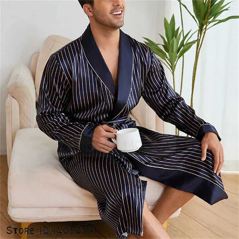 New Men Robe Navy Blue Stripes Kimono Bathrobe Gown Spring Summer Long Sleeve Sleepwear Lounge Wear Loose Casual Satin Homewear C251202