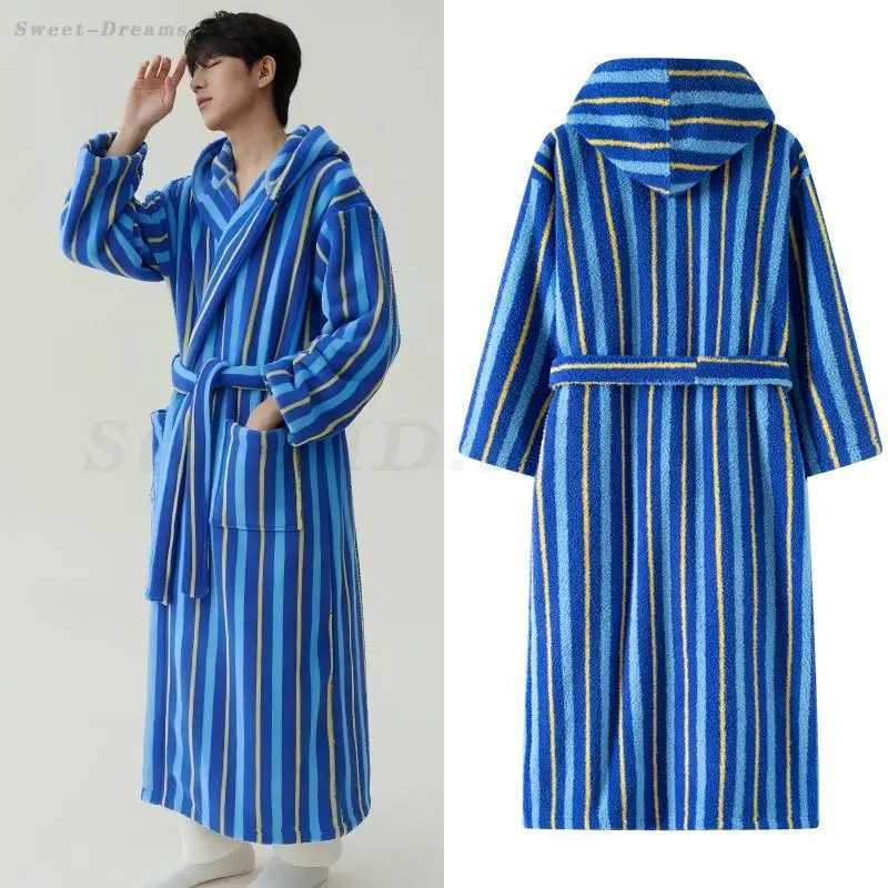 Mens Striped Robe Nightgown Coral Fleece Thick Hooded Bathrobe Kimono Gown Loose Casual Home Wear Winter New Warm Sleepwear C251202