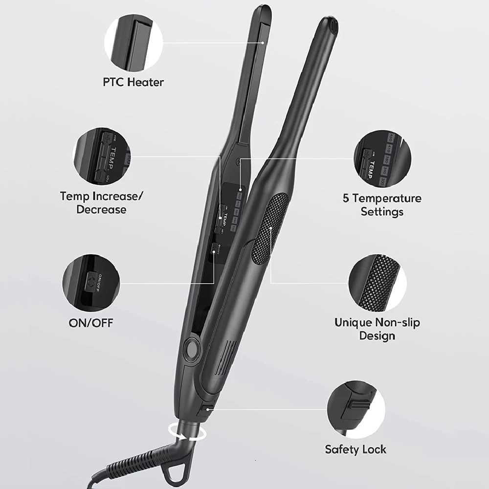 Mini Hair Curler 2 in 1 Pencil Hair Straightener Titanium Plate Thinnest Narrow Flat Iron with LED Display for Short Beard Hair C251202