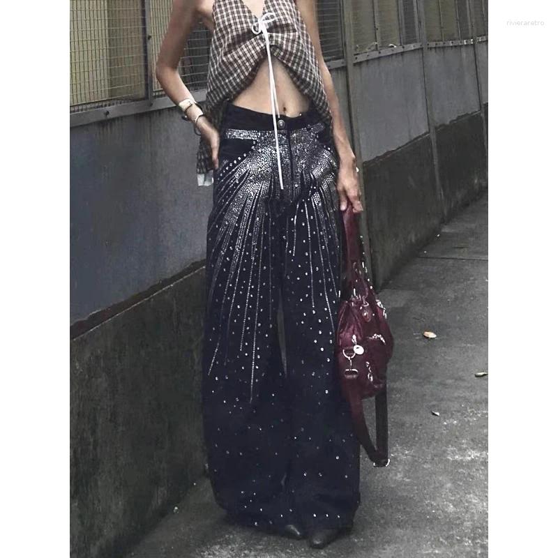 Women's Jeans YIBASHU Women Vintage Black Goth Y2k Rhinestone 2025 Autumn Harajuku Baggy Denim Trousers Japanese 2000s Grunge Jean Pants Z260313