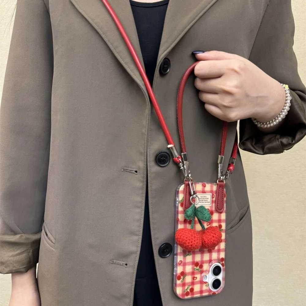 Stylish Cute Cherry Pendant Grid Pattern Case For iPhone 17 Pro Max 16 Pro Max 15 14 Pro 13 12 11 Plus Crossbody Lanyard Cover J251202