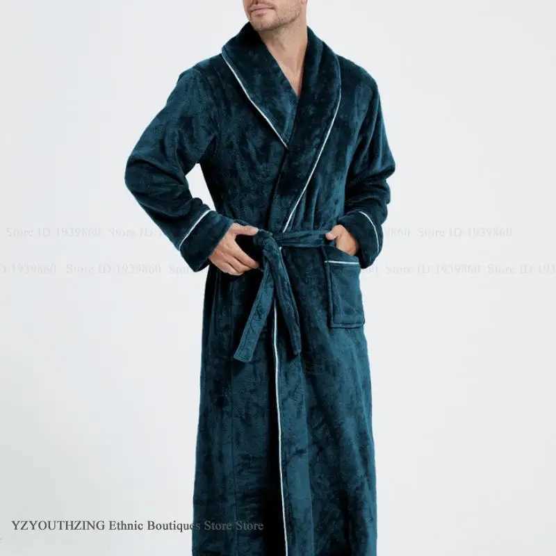 Winter New Thicken Flannel Long Robe Mens Sleepwear Loungewear Warm Coral Fleece Kimono Bathrobe Gown Loose Home Clothes Pajama C251202
