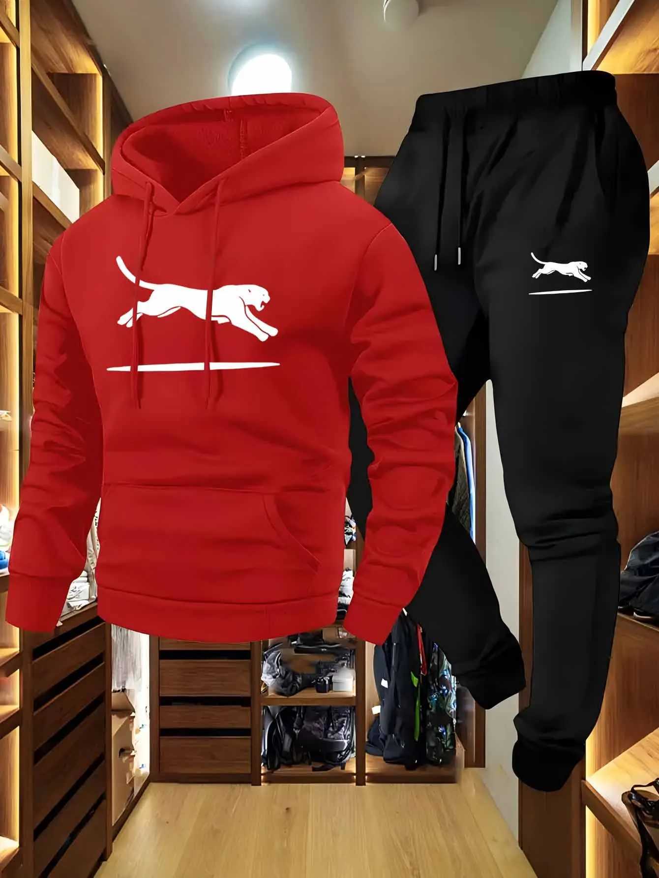 Casual Cargo Sweatshirt Jogger Set Black White Leopard Print Soft Comfort Fabric Loose Fit Hooded Pullover Multiple Pockets W251202