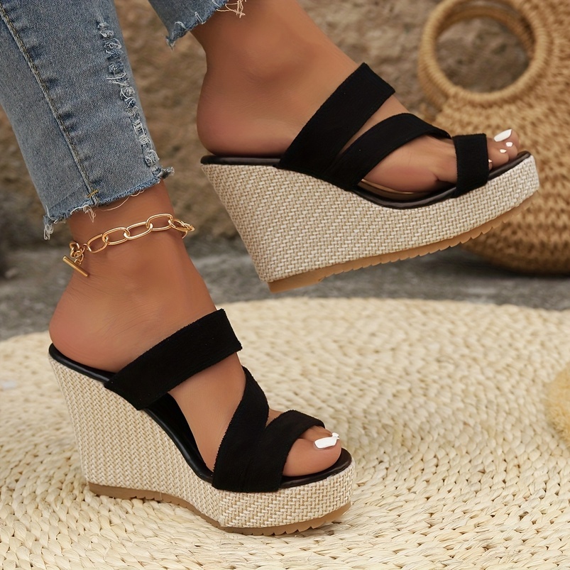 New linen fashion slope heel thick bottom one foot stirrup sandals