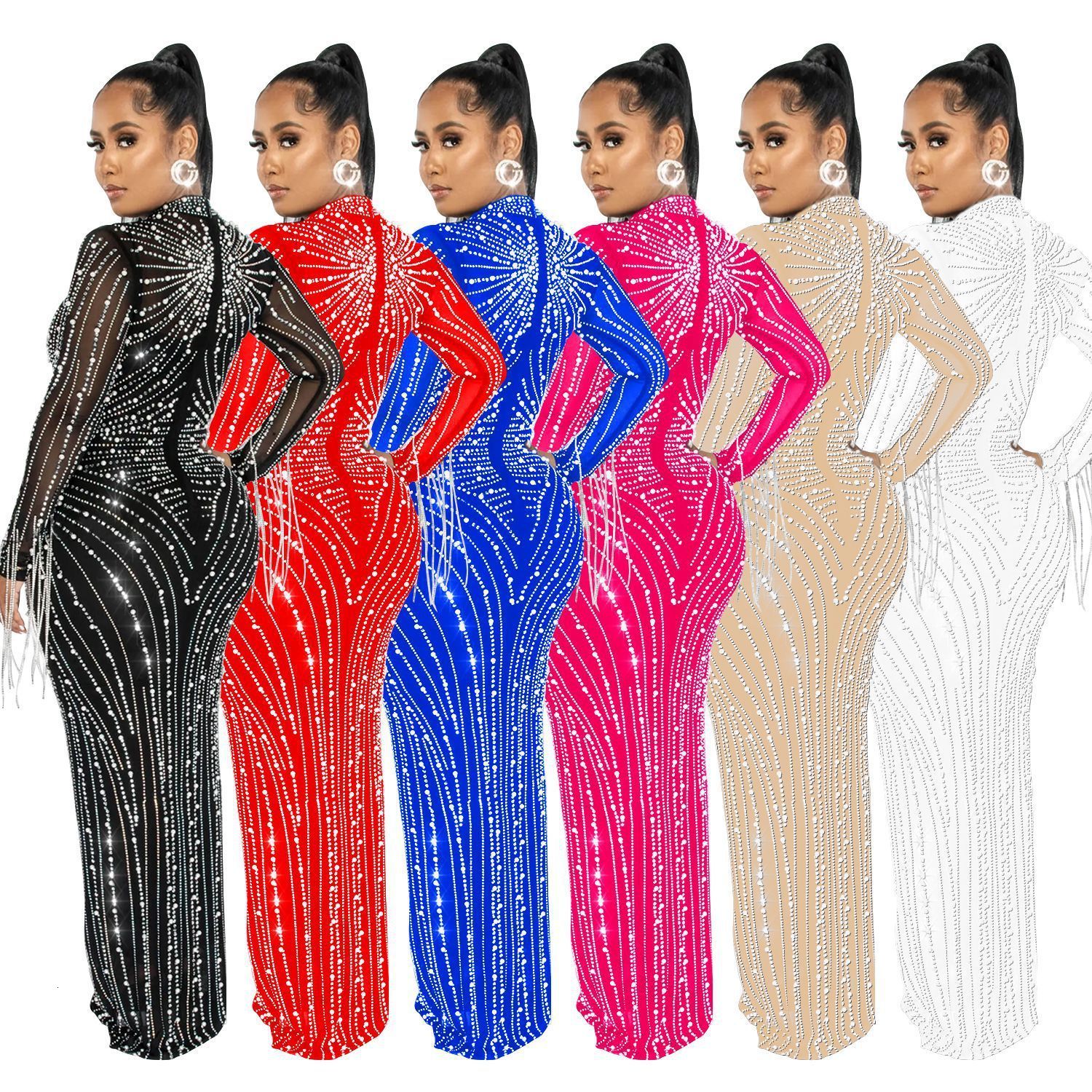 Womens Mesh Diamonds Long Sleeve Prom Dresses Party Formal Bodycon Evening Gown Vestidos Clothing Traf Y2k Zevity 240920
