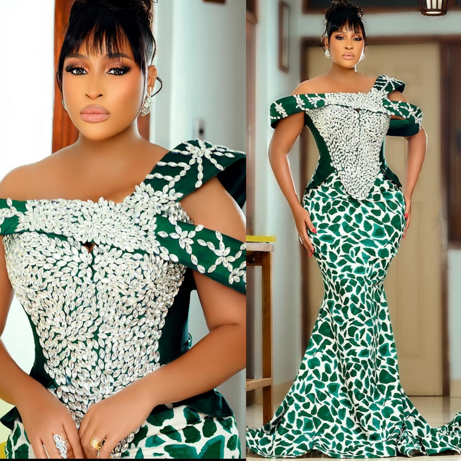 Aso Ebi Green Mermaid Prom Dresses 2026 Crystals Printed Evening Formal Party Second Birthday Engagement Gowns Plus Size Dress For Special Occasions