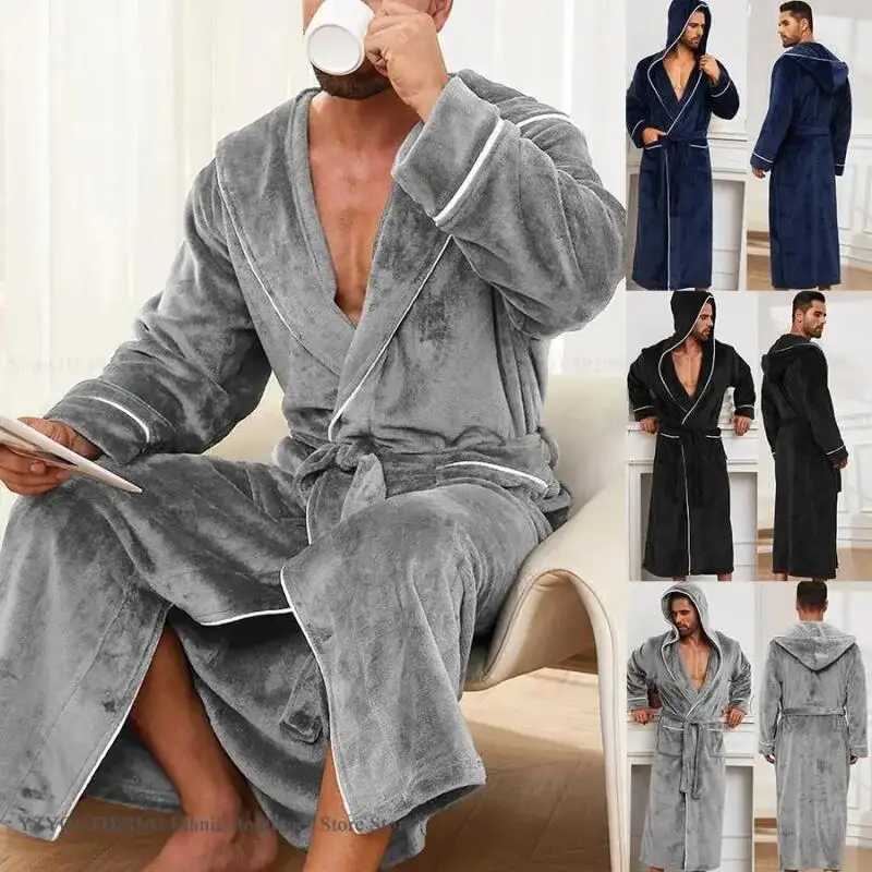 Autumn Winter New Mens Sleepwear Thicken Flannel Hooded Long Robe Bathrobe Kimno Gown Home Clothes Warm Coral Fleece Loungewear C251202