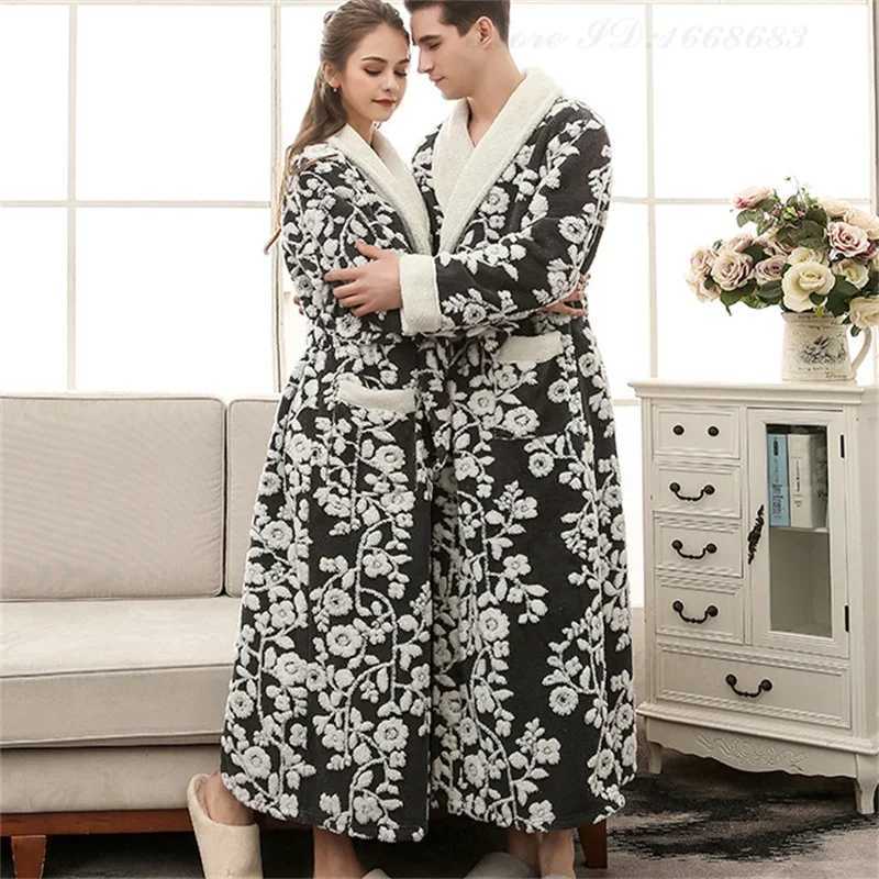 Winter Warm Coral Fleece Long Robe Couple Sleepwear Thick Flannel Jacquard Bathrobe Nightwear Loose Casual Homewear Lounge Wear C251202