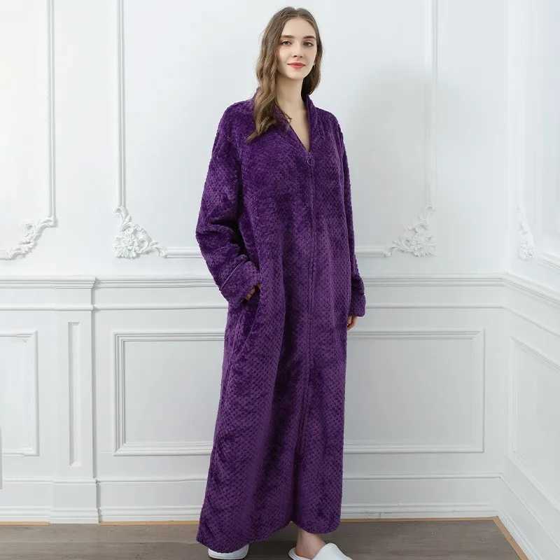 Women Winter Extra Long Warm Jacquard Flannel Bathrobe Pregnant Zipper Plus Size Dressing Gown Lounge Coral Fleece Bath Robe C251202